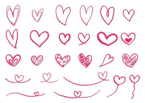 Set of hearts. Hand-drawn various hearts isolated on white background.