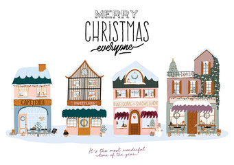 Collection of cute winter house, shop, store, cafe and restaurant isolated on white background. Christmas holiday season. Flat vector illustration in trendy scandinavian style. European city