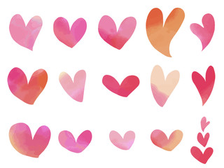 Set of watercolor hearts. Hand-drawn various hearts isolated on white background.