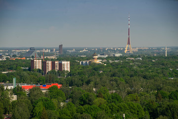 Panorama view of Riga from above. Summer cityscape. Latvia. TV tower.
