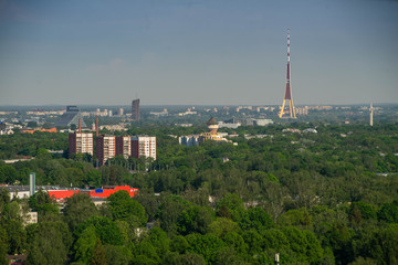 Obraz premium Panorama view of Riga from above. Summer cityscape. Latvia. TV tower.