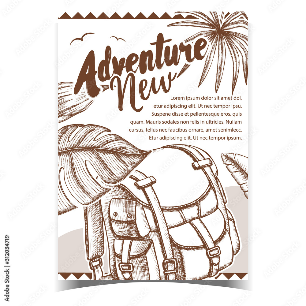 Poster Adventure Tourist Travel Backpack Poster Vector. Touristic Suitcase Backpack Bag Accessory For Trip, Green Leaves And Birds On Advertise Banner. Extreme Vacation Designed Monochrome Illustration