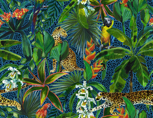 Obrazy  Tropikalny wzór z tropikalnych kwiatów, liści bananowca i pantery, lampart, kuguar, żbik, papuga. Luksusowe tło