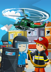 cartoon scene with police car vehicle on the road and military helicopter flying - illustration