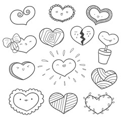 Set of doodle hearts with kawaii faces. Cute hearts, different shapes and patterns. Easy to change colors inside of objects.