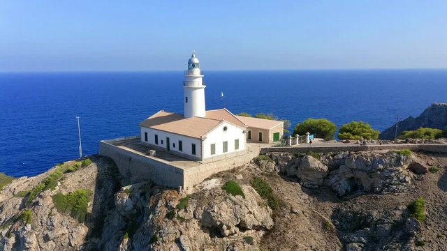 Aerial view, flight over the Faro Capdepera lighthouse, Bay of Cala Gat, Cala Ratjada region, Mallorca, Balearic Islands, Spain