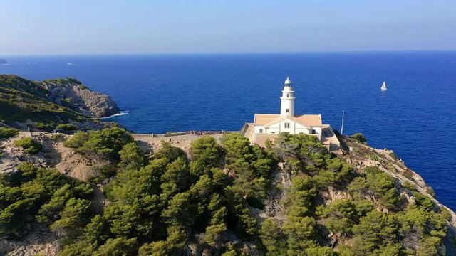 Aerial view, flight over the Faro Capdepera lighthouse, Bay of Cala Gat, Cala Ratjada region, Mallorca, Balearic Islands, Spain