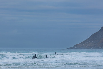 Fototapeta premium Winter surfers in Lofoten islands in Norway