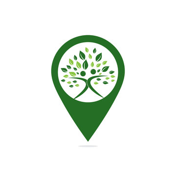 organic people map point shape concept logo. people logo. tree logo vector logo template. healthy person people tree eco and bio icon. human character icon nature care symbol.