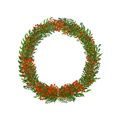 wreath of branches, round frame isolated on white background