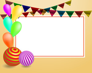 festive background of children's holiday with flags, balloons and a sheet of paper for text on a soft peach background