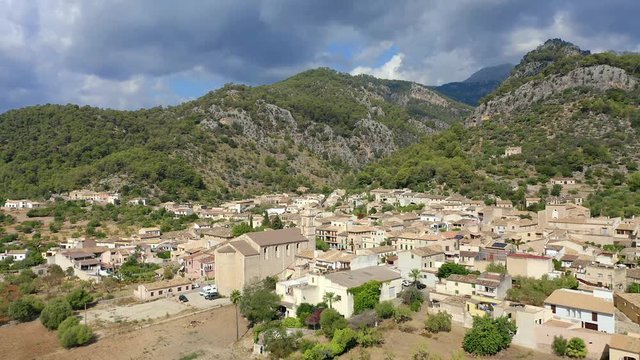 Aerial view, flight over the village of Caimari, Tramuntana Mountains, Campanet Region, Mallorca, Balearic Islands, Spain