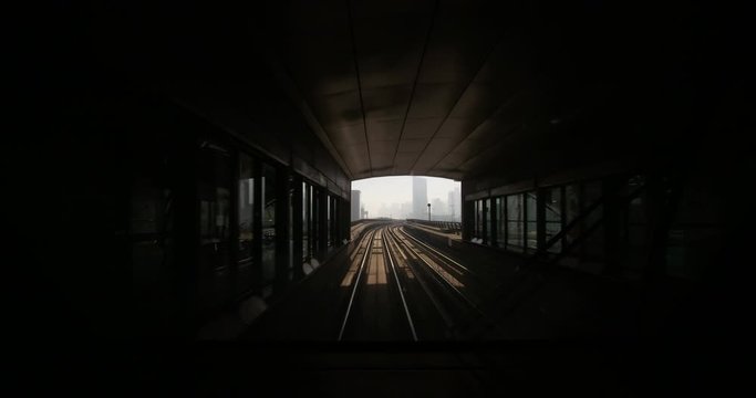 DUBAI, UAE - JANUARY 3, 2017: Dubai metro POV video shot. The Dubai Metro is a driverless, fully automated metro rail network in Dubai, United Arab Emirates.