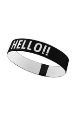 Subject shot of a black knitted headband with a white lettering "HELLO!!". The graphic hairband is isolated on the white background.