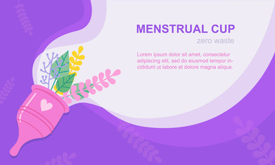 Menstrual period cup concept banner jn purple color background with leaves and white waves. Menstrual cup and reusable pad. Zero waste period banner for web, mobile, print. Vector illustration.