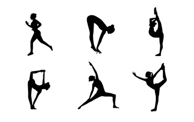 Set of vector silhouettes of woman doing yoga exercises. Icons of flexible girl stretching her body in different yoga poses. Black shapes of woman isolated on white background