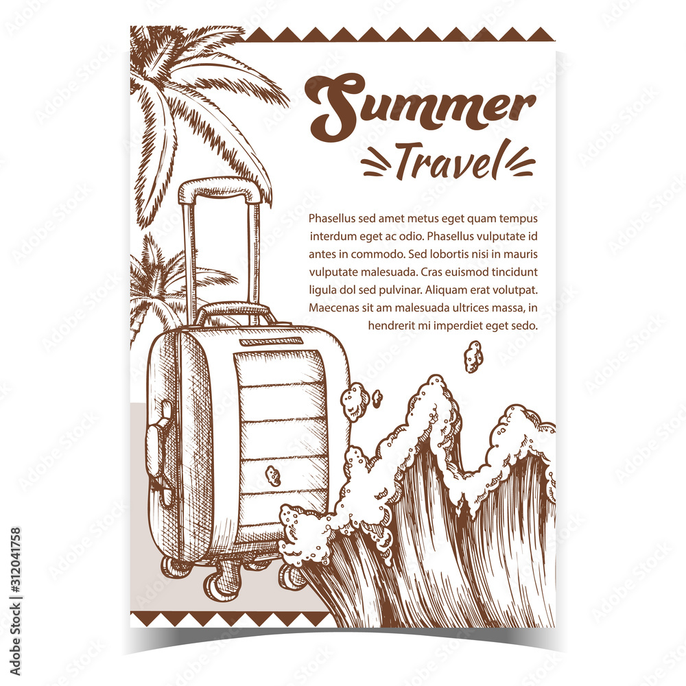 Sticker Summer Travel Suitcase On Wheels Poster Vector. Modern Suitcase, Marine Wave With Foam And Palm Trees On Advertising Banner. Voyage Luggage Hand Drawn In Retro Style Monochrome Illustration