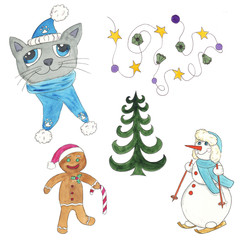 A set of illustrations on the theme of the New Year, including a Christmas tree, a garland, a snowman skiing, the head of a cat in a hat and scarf and a ginger man. Watercolor hand drawn illustration