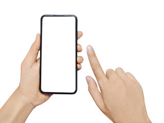 Man hand holding smartphone isolated on white background. Blank white screen for your text.