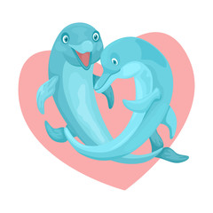 Two dolphins swim hugging. On the background of the heart. Symbol of love. Vector characters