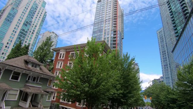 Scenic cityscape low POV of high raising buildings in Seatlle, US