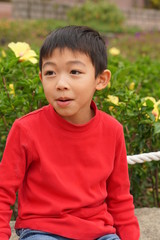 The portrait of a lovely Asian boy sitting the park.