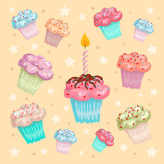 Cupcakes and muffins. Colorful cupcake isolated for food poster design