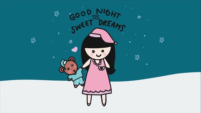 Cute girl with bear doll in sleeping dress at night time cartoon