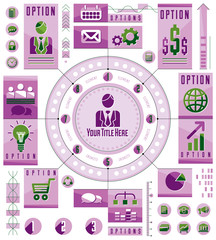 Infographics circular concept with lot of elements, circle divided with sectors and lines, vector illustration.