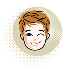 Cute boy face, human head. Vector redhead character winking, positive toddler face features.