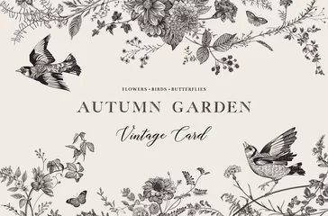 Fotobehang Autumn Garden. Vector horizontal card. Flowers, birds, butterflies. Black and white © OlgaKorneeva