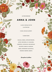 Vintage floral illustration. Wedding invitation. Autumn. Colorful