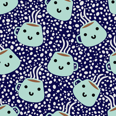 Cute, Kawaii coffee mugs seamless repeat pattern for wrapping paper,wallpaper,backgrounds,stationary.