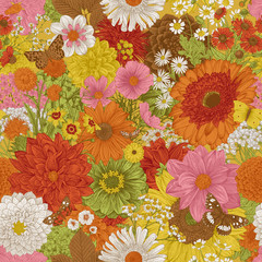 Fototapety  Kwiatowy wzór lat 70-tych. Jesienne kwiaty i motyle. Ciepłe kolory.