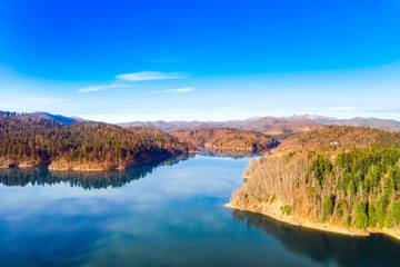 Croatia, Risnjak mountain and Lokvarsko lake in Gorski kotar, autumn colors, panoramic view
