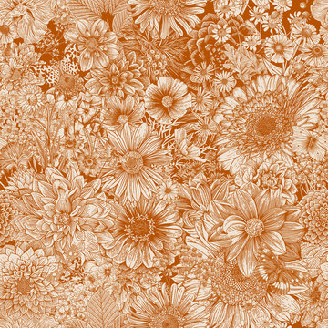 Seamless floral pattern 70s. Autumn flowers and butterflies. Orange.