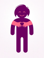 Love arms hugging lover shows heart shape gesture hands, lover woman hugging her mate and shares love, vector icon logo or illustration in simplistic symbolic style.