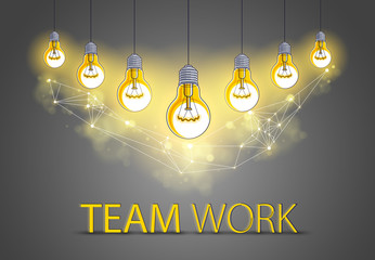 Creative team concept, group of five shining light bulbs represents idea of creative people teamwork having ideas working together, vector illustration.