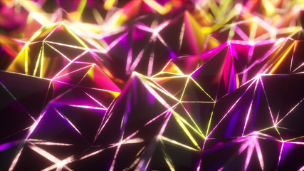 Abstract low polygonal black surface glowing at the edges. 3d illustration technology motion background. Segments of a triangle. Ultraviolet neon wireframe lines in blue violet color spectrum.