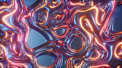 Abstract glowing 3d render holographic oil surface background, foil wavy surface, wave and ripples, ultraviolet modern light, neon orange blue pink spectrum colors. 3d illustration