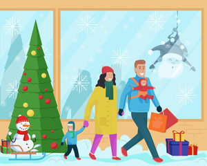 Santa Claus is hanging on a garland on the background. Christmas tree and snowman are a part of wonderful holiday mood.