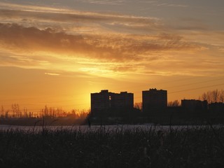 sunset over city