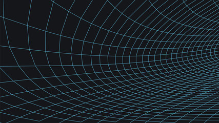 Vector perspective grid. Abstract wireframe landscape. Detailed lines on dark background. 3d vector illustration.