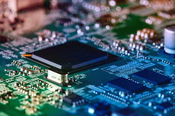 Electronic circuit board close up.