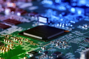 Electronic circuit board close up.