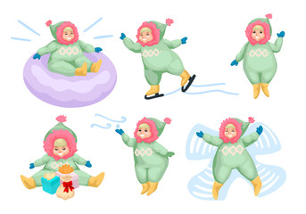 Obraz premium Set of little girls playing outdoors in winter. Vector illustration