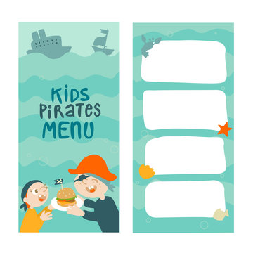 Printable kids pirated menu for restaurants and cafes. Template for children pirated menu.