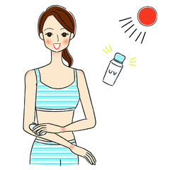 日焼け止めを塗る女性のイラスト　美容