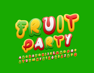 Vector Colorful Logo Fruit Party. Playful Kids Font. Bright Alphabet Letters and Numbers