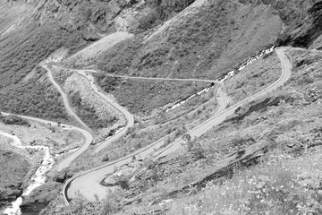 Fototapeta na wymiar Norway Troll Road. Black and white vintage toned.